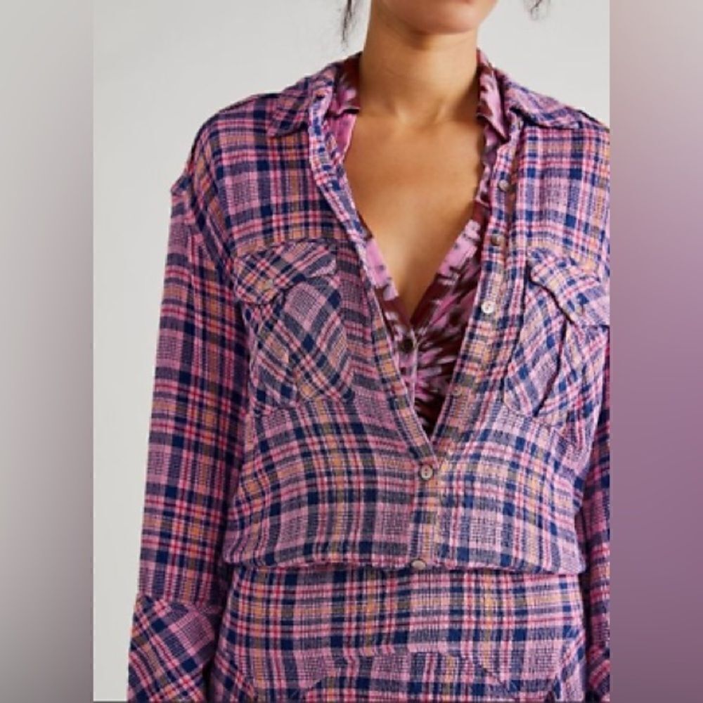 NEW FREE PEOPLE PINK MILO PLAID BUTTON FRONT MINI DRESS SIZE L - Picture 3 of 4